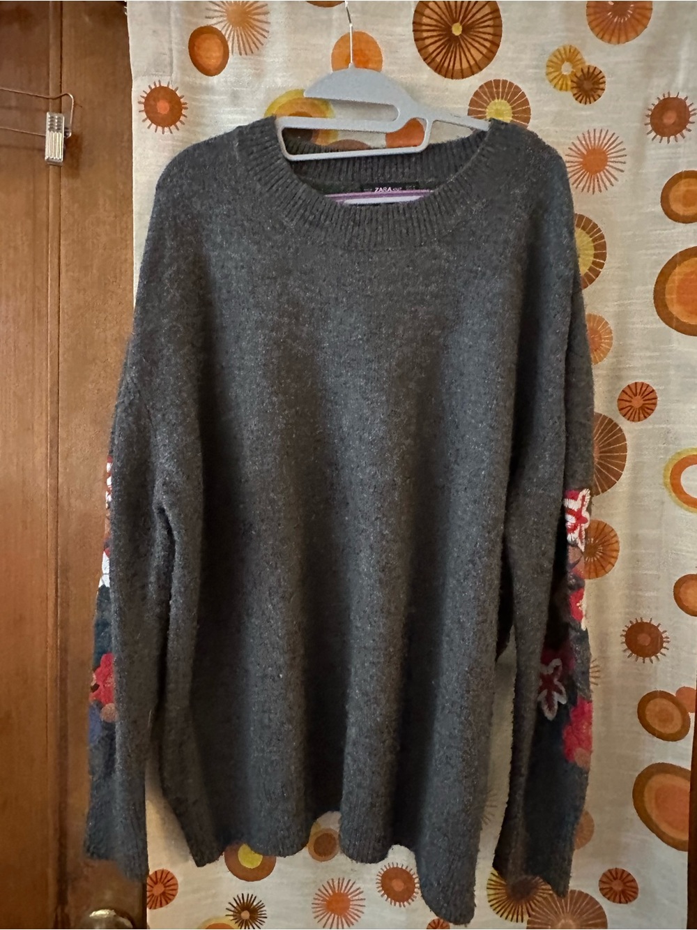 Zara Charcoal Gray Crewneck Sweater with Floral Sleeve Accents